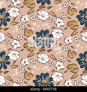 Flowers vintage hand drawn brown beige colors seamless vector pattern. Stock Vector