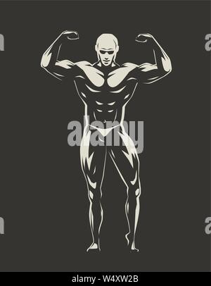 Illustration of a male body builder flexing muscles looking up viewed ...
