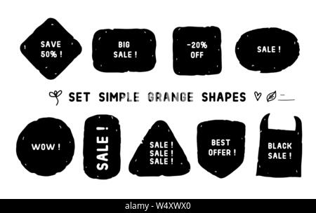 Set Simple Grange different shapes. Vector hand made texture black tag background isolated on white Stock Vector