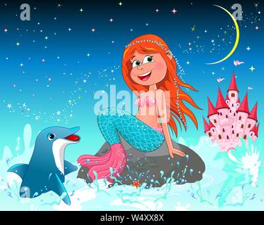 A beautiful mermaid sits on a sea stone. Mermaid and dolphin on a background of a night starry sky. Pink princess castle. Stock Vector
