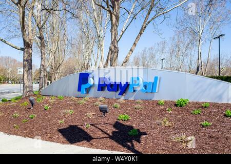 Sign at headquarters of payment processing company Paypal in the Silicon Valley, San Jose, California, March 15, 2019. () Stock Photo