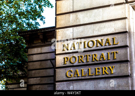 Sign on the facade of National Portrait Gallery, London, UK