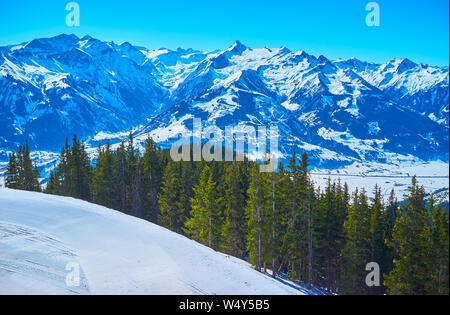 Watch the famous Kitzsteinhorn mount of Kaprun resort with sharp peak and gentle slopes, covered with snow; the lush conifeous forest is seen on the f Stock Photo