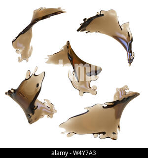 Set of brown liquid splashes, isolated on white background. 3d rendering. Stock Photo