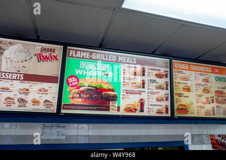Close-up of Burger King menu board with advertisement for the Impossible Whopper, using an engineered, plant-protein based burger patty from food technology company Impossible, during a limited market test at a Burger King restaurant in the San Francisco Bay Area, Danville, California, June 26, 2019. () Stock Photo