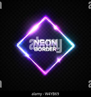 Neon light square frame on transparent background. Stock Vector