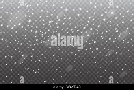 Snow realistic on transparent backdrop. Falling snowflakes template. Heavy snowfall isolated. Christmas background for flyer, poster, advertisement Stock Vector