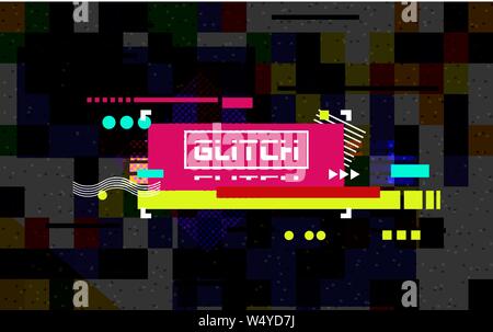 Glitch banner on dark backdrop. Color distortion with random tiles. Modern concept. Abstract horizontal lines. Chaotic geometric shapes. No signal Stock Vector