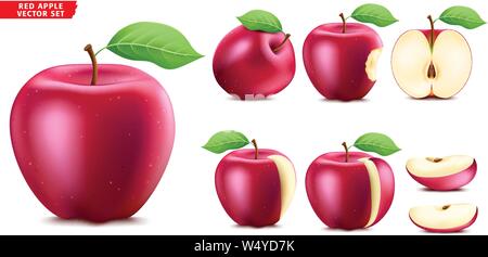 Red Apple Fruit Ripe Realistic 3D Food Vector Set. Whole Half and Sliced Version In Isolated White Background Stock Vector