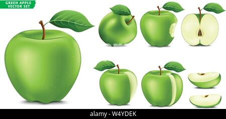 Green Apple Fruit Ripe Realistic 3D Food Vector Set. Whole Half and Sliced Version In Isolated White Background Stock Vector