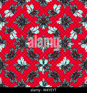 Abstract colored flowers on a red background geometric seamless pattern Stock Vector