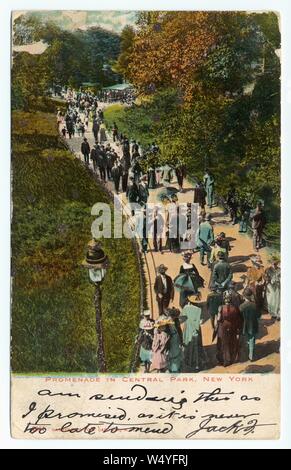 Illustrated postcard of the crowded promenade in Central Park, New York City, published by Illustrated Postal Card Co, 1906. From the New York Public Library. () Stock Photo