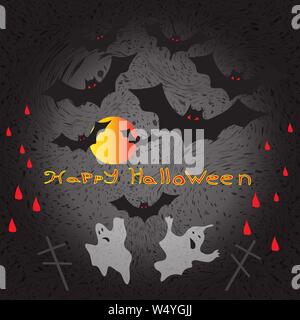 Halloween ghosts and flying against the backdrop of the moon vector illustration Stock Vector