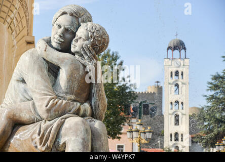 SKOPJE,REPUBLIC OF NORTH MACEDONIA-AUGUST 25 2018:Neo classical statues relating to Alexander the Great stand near Church Saint Demetrius. Stock Photo