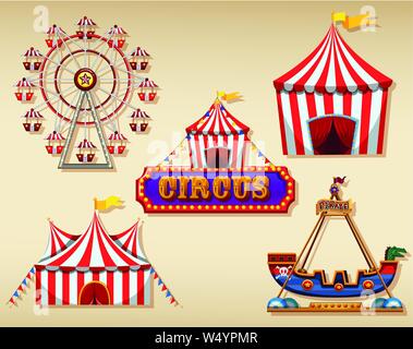 Circus tents and sign on brown background illustration Stock Vector