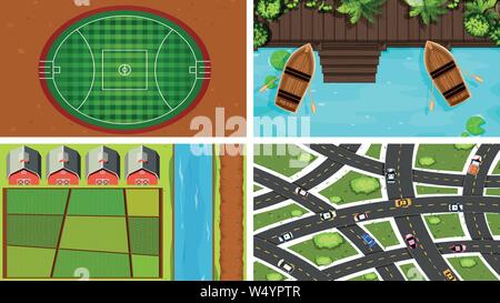 Set of aerial view scenes illustration Stock Vector