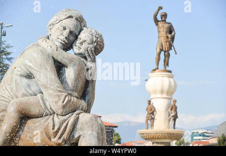 SKOPJE,REPUBLIC OF NORTH MACEDONIA-AUGUST 25 2018:Neo classical statues relating to Alexander the Great stand in many locations in the city center. Stock Photo