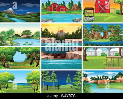 Collection of nature scenes for day, night, farm and waterways illustration Stock Vector