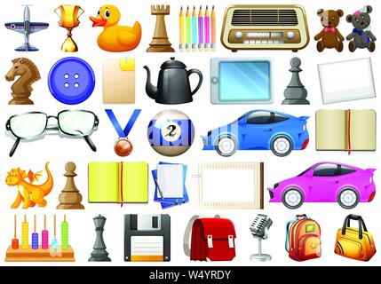 Assorted office, home and school related objects and toys isolated illustration Stock Vector