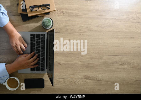 blank screen, flat lay tabletop office desk on wood Office desktop Stock Photo