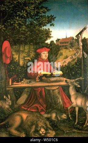 Lucas Cranach d.Ä. - Kardinal Albrecht von Brandenburg als Hl. Hieronymus, 1527 (Gemäldegalerie, Bln.). Stock Photo