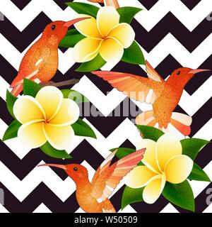 Tropical modern seamless pattern with Hummingbirds and flowers on geometry Stock Vector