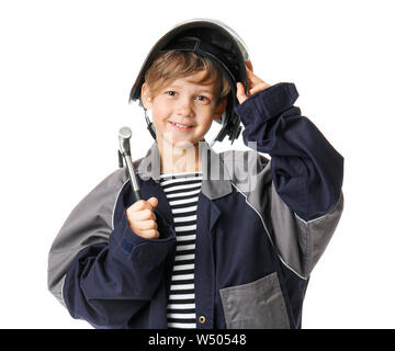 Portrait of little welder on white background Stock Photo