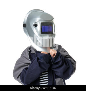 Portrait of little welder on white background Stock Photo