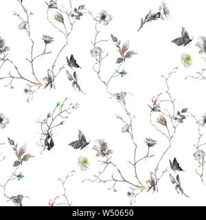 Watercolor painting of leaf and flowers, seamless pattern on white background Stock Photo