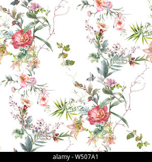 Watercolor painting of leaf and flowers, seamless pattern on white background Stock Photo