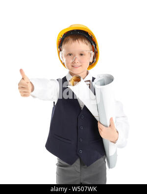 Cute little architect showing thumb-up on white background Stock Photo