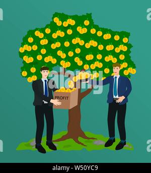 Two businessman collect coin from big money tree , teamwork concept Stock Vector
