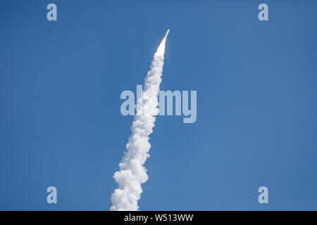 (190726) -- BEIJING, July 26, 2019 (Xinhua) -- Carrier rocket SQX-1 Y1, developed by a Beijing-based private rocket developer i-Space, sends two satellites into orbit from the Jiuquan Satellite Launch Center in northwest China, July 25, 2019. (i-Space/Handout via Xinhua) Stock Photo