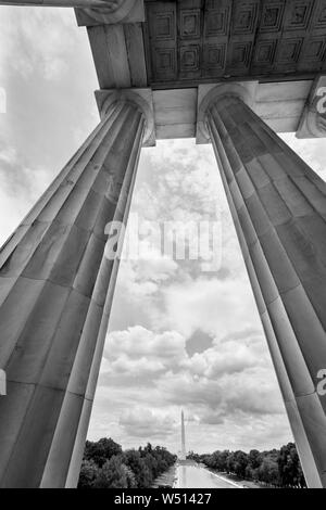 Tall Columns Capitol Dome Washington Monument Reflecting Pool From Lincoln Memorial Washington DC. Black and White