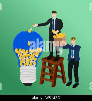 Two businessman holding and putting idea to big light bulb , teamwork concept Stock Vector