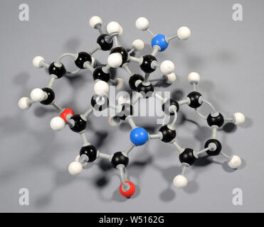 Molecule model of Strychnine. Black is Carbon, Red is Oxygen, White is Hydrogen, Blue is Nitrogen Stock Photo