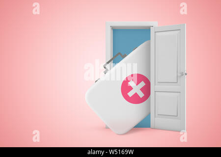 3d rendering of first aid medical kit in white open doorway on light pink background Stock Photo