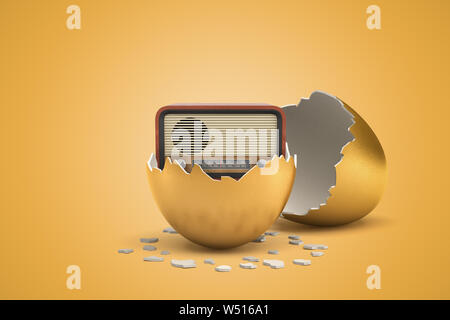 3d rendering of retro radio set that just hatched out from golden egg. Stock Photo
