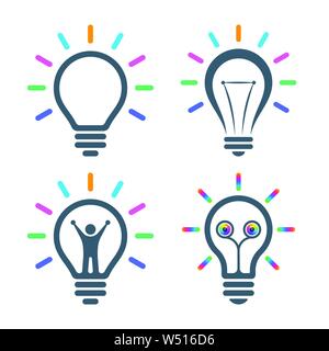 Bulbs with colorful light beams on white background. Flat idea icons. Stock Vector