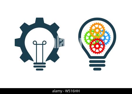 Bulb icons with gears on white background. Business idea icons. Stock Vector