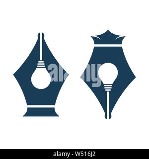 Pen nibs with bulb on white background. Creative idea icons. Stock Vector