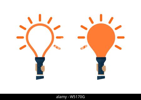 Flashlights with bulb shaped light. Human hand holding flashlight. Creative idea icons. Stock Vector