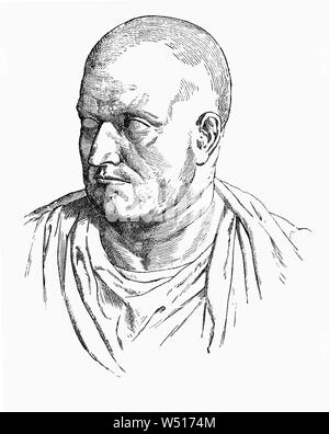 A portrait of Publius Cornelius , (died 211 BCE), Roman general, consul provincial governor and a commander of the Roman expeditionary force in Spain, where he was sent to stop the Carthaginian general Hannibal. Delayed by a Gallic revolt in Cisalpine Gaul (northern Italy), Publius arrived at the Rhône River too late to prevent Hannibal’s crossing in 218. Later Scipio and his brother won important naval and land battles and inflicted severe losses on the enemy and it took three armies to defeat them, yet the three victorious Carthaginian generals could not agree on a plan to advance on Italy, Stock Photo