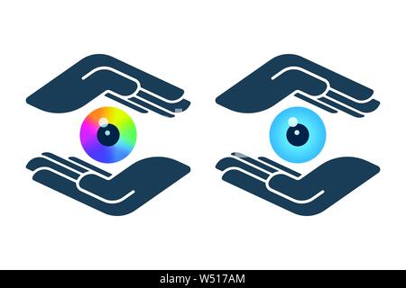 Colorful eyeballs in hands on white background. Vision icon design. Stock Vector