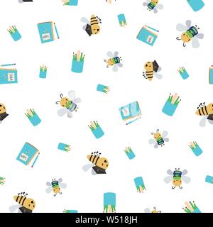 Cute busy bees with books, bags and pencils going back to school design. Seamless vector pattern on white background. Great for children, preschool Stock Vector