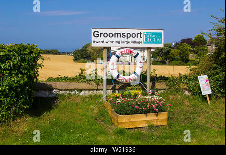 25 July 2019 A large welcome sign on the outskirts of Groomsport Village in County Down. The sign shows the village is an Ulster in Bloom award winner Stock Photo