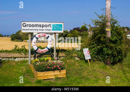 25 July 2019 A large welcome sign on the outskirts of Groomsport Village in County Down. The sign shows the village is an Ulster in Bloom award winner Stock Photo