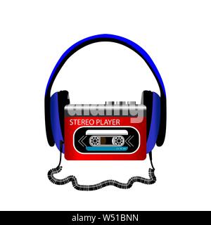 Retro audio player with headphones on white background. Vector illustration Stock Vector