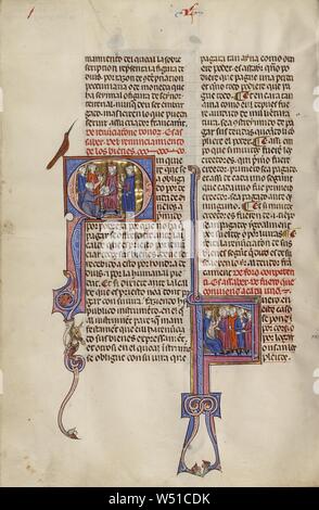 Initial Q: A Man Kneeling before a King, Initial F: An Attorney with Clients before a Judge, Unknown, Michael Lupi de Çandiu (Spanish, active Pamplona, Spain 1297 - 1305), Northeastern Spain, Spain, about 1290 - 1310, Tempera colors, gold leaf, and ink on parchment, Leaf: 36.5 x 24 cm (14 3/8 x 9 7/16 in Stock Photo