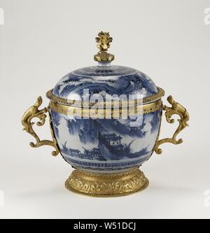 One pair of lidded and mounted bowls, Mounts attributed to Wolfgang Howzer (Swiss, active 1660 - about 1688), Arita, Japan, porcelain about 1650 - 1680, mounts about 1680, Hard-paste porcelain, underglaze blue decoration with gilt-metal mounts, 34.4 x 38.1 x 25.6 cm (13 9/16 x 15 x 10 1/16 in Stock Photo
